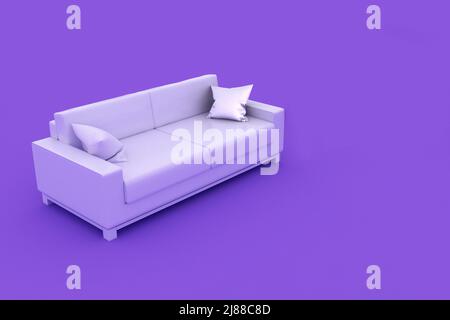 Violette Innenansicht. Die Szene ist mit einem weißen Sofa ausgestattet. Webseite, Präsentation oder Bildhintergrund. 3D Rendern. Stockfoto