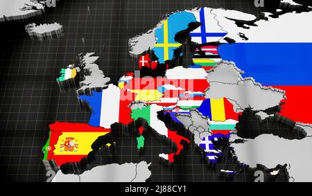 Länder der Europäischen Union und Russland - Abbildung 3D Stockfoto