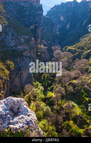 Blick vom Wanderweg Los Cahorros de Monachil im Frühling, Nationalpark Sierra Nevada, Andalusien, Spanien. Stockfoto