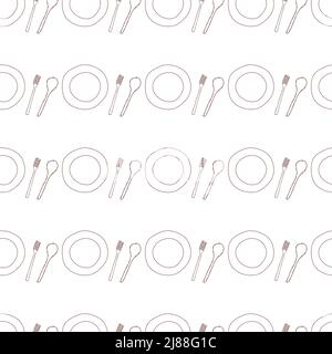 Nahtloses Muster mit Geschirr Illustrationen Teller, Löffel und Gabel in Doodle-Stil Stock Vektor