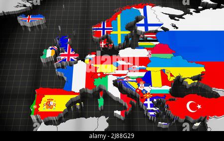 Karte von Europa, internationale Flaggen - 3D Abbildung Stockfoto