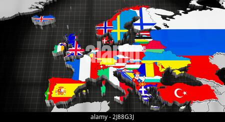 Karte von Europa, internationale Flaggen - 3D Abbildung Stockfoto