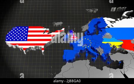 Ukraine, EU, UK, USA und Russland Karte und Flaggen - 3D Abbildung Stockfoto