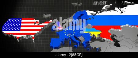 Ukraine, EU, UK, USA und Russland Karte und Flaggen - 3D Abbildung Stockfoto