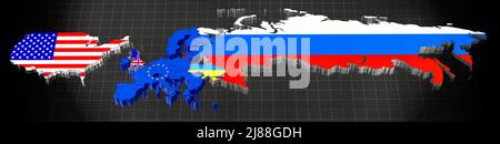 Ukraine, EU, UK, USA und Russland Karte und Flaggen - 3D Abbildung Stockfoto