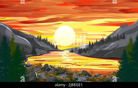 Erleben Sie wilde Natur. Berglandschaft und ein Fluss, der zwischen Bergen fließt. Nadelwald. Sonnenuntergang. Sonne und Himmel mit Wolken. Stock Vektor