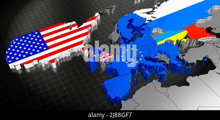 Ukraine, EU, USA, Großbritannien und Russland Karten und Flaggen - 3D Abbildung Stockfoto