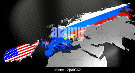 Ukraine, EU, USA, Großbritannien und Russland Karten und Flaggen - 3D Abbildung Stockfoto