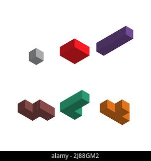 Satz von Farbe Tetris isometrischen Block, Farbe Puzzle-Symbol, Logik Spaß Spiel Vektor Illustration. Stock Vektor