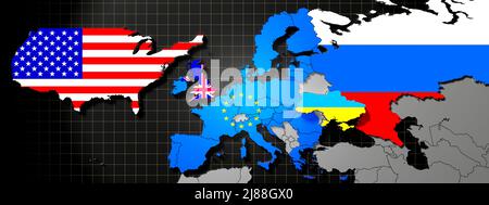 Ukraine, EU, USA, Großbritannien und Russland Karten und Flaggen - 3D Abbildung Stockfoto