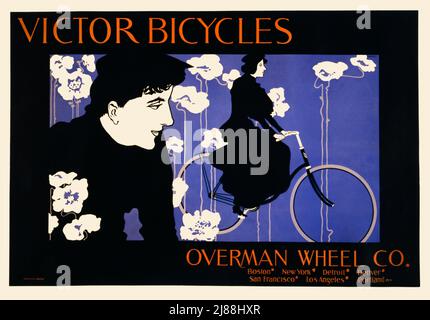 Ein amerikanisches Jugendstilplakat aus dem späten 19.. Jahrhundert von 1895 für Victor Bikes aus Boston, New York. Der Künstler ist will Bradley (1868-1962) Stockfoto