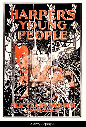 Ein amerikanisches Jugendstilplakat aus dem späten 19.. Jahrhundert für Harpers Bazar, ein amerikanisches monatliches Frauenmodemagazin, das später in Harper's Bazaar umwandelte. Der Künstler ist will Bradley (1868-1962) Stockfoto
