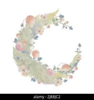 Aquarell Boho Sommer elegante Komposition mit handbemalten Pampas Gras und Mohnblumen. Romantischer Hochzeitsrahmen mit Blauköpfen. Böhmische Postkarte Stockfoto