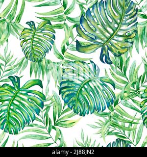 Tropisches Blätter nahtloses Aquarellmuster. Handgezeichnete Illustration von grünen Pflanzenzweigen isoliert auf weißem Hintergrund. Dschungelschmuck. Sommer pri Stockfoto