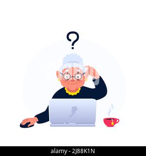 Nette Großmutter, die am Computer-Laptop arbeitet. Die alte Frau mit Fragezeichen über dem Kopf kratzt an ihrem Hinterkopf, der vor einem Laptop sitzt Stock Vektor