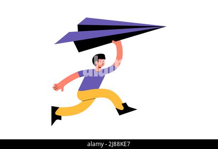 Mann laufen mit großen Papier Flugzeug Vektor Illustration. Konzept Startup New Business Entrepreneurship oder abstrakte Zeit zu reisen Stock Vektor