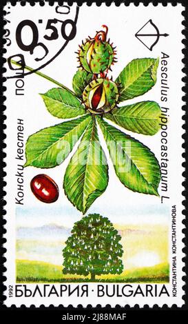 BULGARIEN - UM 1992: Eine in Bulgarien gedruckte Marke zeigt Rosskastanie, Aesculus Hippocastanum, Laubbaum, um 1992 Stockfoto