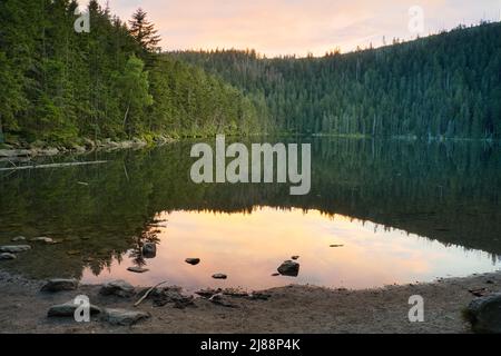 Schöner See Certovo jezero im Böhmerwald, Tschechien. Nach Sonnenuntergang. Stockfoto