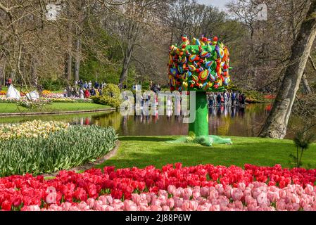 Lisse, Niederlande, April 2022. Blühende Tulpen auf dem Keukenhof in Lisse, Niederlande. Hochwertige Fotos Stockfoto