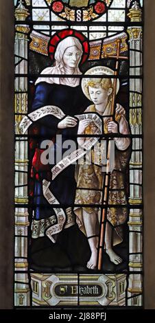 Ein Buntglasfenster von Shrigley & Hunt, in dem St. Elizabeth und Johannes der Täufer als Junge dargestellt sind, All Saints Church, Evesham, Worcestershire Stockfoto