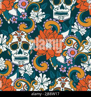 Nahtloses Vektor-Muster mit strukturiertem Totenkopf und Blumen auf blaugrünem Hintergrund. Mexiko festliches Tapetendesign. Dekorative florale Mode Textil. Stock Vektor