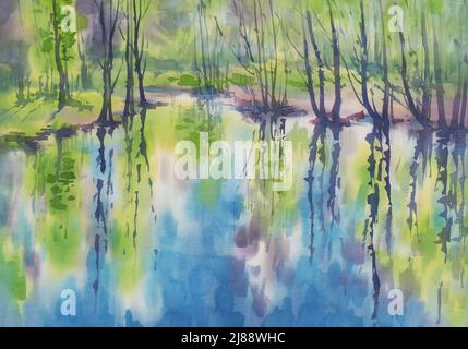 Früher Frühlingswald und Reflexionen in Wasser Aquarell Landschaft Stockfoto