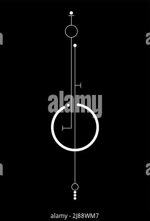 Linear Minimalist Tattoo, Heilige Geometrie, Mystical Center, abstrakte esoterische weiße Zeichen Vektor-Illustration isoliert auf schwarzem Hintergrund Stock Vektor