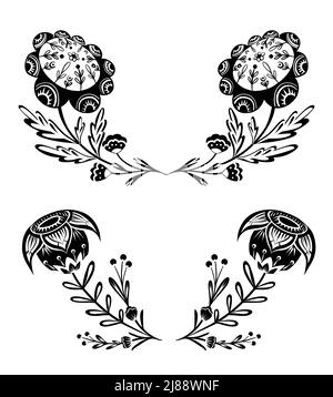 Vektor-Set monochrome Cliparts mit Blumen und Laub mit Folk-Ornamenten. Sammlung von schwarzen Silhouetten rustikalen Vorlagen mit floralen Stock Vektor