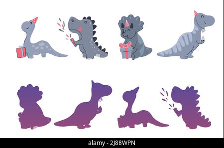 Vektorvorlage für Vorschulunterricht. Finden Sie den richtigen Schatten. Kinder Lernspiel. Finde die richtige schwarze Silhouette für glückliche Dinosaurier. Zeichentrickfilm Stock Vektor