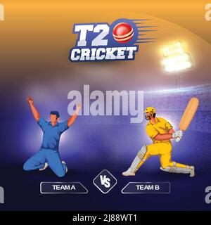 Sticker Style T20 Cricket Font mit Red Ball, teilnehmendes Team A VS B der gesichtslosen Cricketspieler auf blauem und orangefarbenem Stadionlicht Hintergrund. Stock Vektor