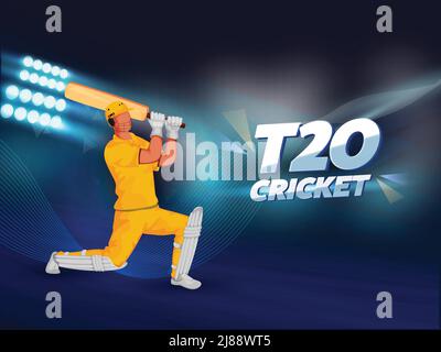 T20 Cricket Font mit gesichtslosem Batsman-Spieler in der Pose auf abstraktem blauem Stadionlicht-Hintergrund. Stock Vektor