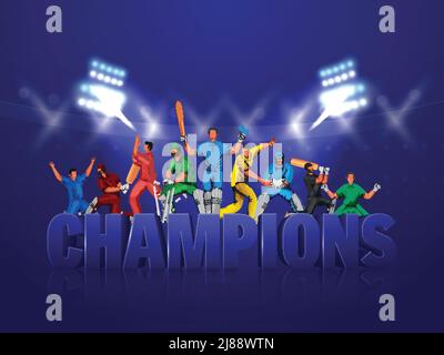3D Championship Font mit gesichtslosen Cricket-Spielern in Aktion Pose auf Blue Stadium Lights Hintergrund. Stock Vektor