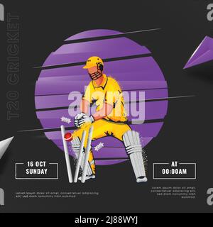 T20 Cricket Championship Poster Design mit Cartoon Wicket Keeper Hitting Ball to Stump auf violettem und schwarzem Hintergrund. Stock Vektor