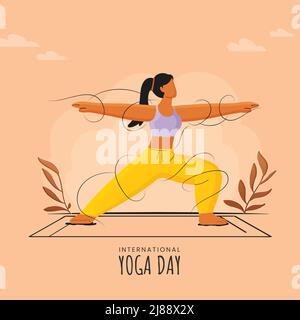 International Yoga Day Poster Design Mit Gesichtslosen Jungen Mädchen Üben Virabhadrasana Pose Auf Pfirsichhintergrund. Stock Vektor