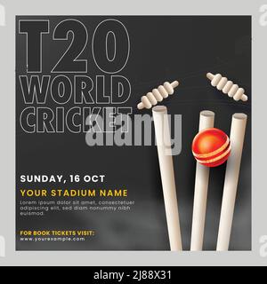 T20 World Cricket Match Poster oder Template Design mit realistischem Red Ball schlagen Wicket Stump auf schwarzem Hintergrund. Stock Vektor