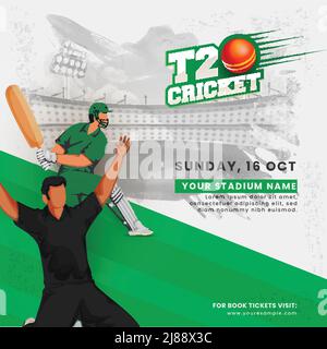 Sticker Style T20 Cricket Font mit Red Ball, Faceless Cricketer Spieler in Aktion Pose auf Grün und Grau Pinsel Effekt Hintergrund. Stock Vektor