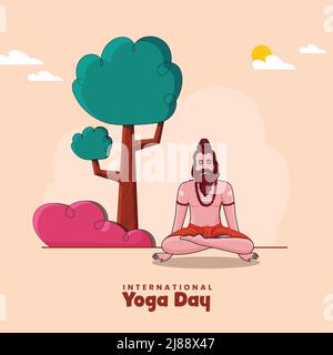 International Yoga Day Poster Design mit Sage (Sadhu) meditiert unter Einem Baum auf Pfirsich Hintergrund. Stock Vektor