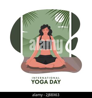 International Yoga Day Poster Design Mit Schönen Jungen Dame Meditieren Auf Matte Auf Natürlichen Blick Weißen Hintergrund. Stock Vektor