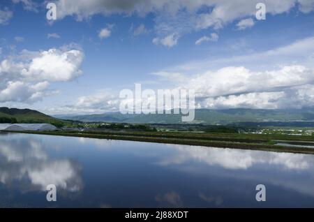 ina, nagano, japan, 2022/14/05 , Reisfelder in Ina, Nagano, im Frühling, während der Überflutung der Felder, so dass sie wie ein Spiegelbild aussehen Stockfoto