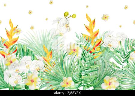 Von Hand gezeichnete Heliconia-Blüten und Blätter tropischer Pflanzen. Nahtlose Linie horizontales Muster mit Aquarell exotischen grünen tropischen Wald Laub und Stockfoto
