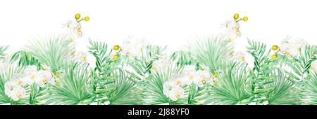 Aquarell-Illustration von tropischen Blättern und Orchideenblüten. Handgezeichneter tropischer Hintergrund. Nahtlose Bordüre für Karten und Hochzeitsdesign. Hintergrundbild Stockfoto