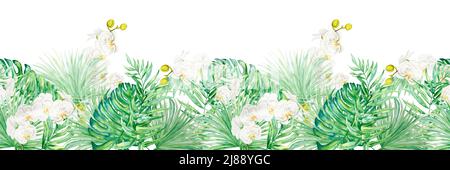 Aquarell-Illustration von tropischen Blättern und Orchideenblüten. Handgezeichneter tropischer Hintergrund. Nahtlose Bordüre für Karten und Hochzeitsdesign. Hintergrundbild Stockfoto