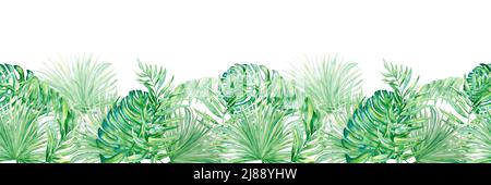 Tropische Blätter Aquarell horizontal nahtloses Muster. Handgezeichnete Illustration von grünem Dschungellaub auf isoliertem Hintergrund. Exotischer Rand Band f Stockfoto
