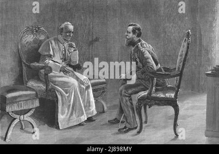 ''der Besuch des deutschen Kaisers Friedrich in Rom 1883; aus einem Bild, das dem deutschen Kaiser von seinem Vaterbesuch beim Papst im Jahr 1883 präsentiert wurde', 1888. Von „The Graphic. An Illustrated Weekly Newspaper Band 38. Juli bis Dezember, 1888'. Stockfoto