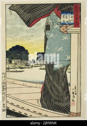 Fernansicht des Matsuchi-Hügels vom Sumida-Fluss (Sumidagawa yori Matsuchiyama enkei), aus der Serie „hundert Ansichten der Provinz Musashi (Musashi hyakkei no uchi)“, Japan, 1884. Stockfoto