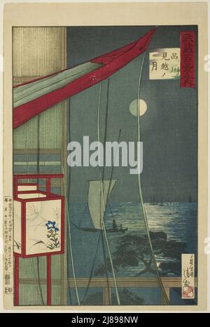 Der Mond jenseits von Shinagawa (Shinagawa mikoshi no tsuki), aus der Serie „hundert Ansichten der Provinz Musashi (Musashi hyakkei no uchi)“, Japan, 1884. Stockfoto