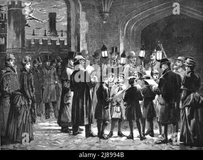 ''Carol Singing on Christmas Eve at Hampton Court Palace', 1888. Von „The Graphic. An Illustrated Weekly Newspaper Band 38. Juli bis Dezember, 1888'. Stockfoto