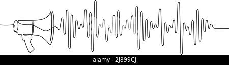 Megafon, Lautsprecher mit Schallwelle. Einzeilige Zeichnung Stock Vektor