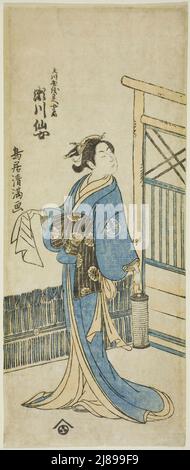 Der Schauspieler Segawa Senjo (Kikunojo III) als Ehefrau von Amakawaya Gihei im Theaterstück "Kanadehon Chushingura", das im fünften Monat, 1776, 1776, im Nakamura Theater aufgeführt wurde. Stockfoto