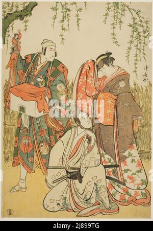 Die Schauspieler Ichikawa Yaozo III als Shiragiku, Ichikawa Danjuro V als Puppenspieler Dekurokubei und Sawamura Sojuro III als Soga no Juro in den Joruri „Shinobukoi Yanagi no Katsura Otoko“ traten im ersten Monat, 1785, 1785, im Nakamura Theater auf. Stockfoto